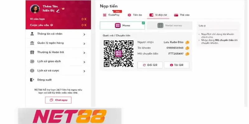 Các bước thực hiện nạp tiền Net88